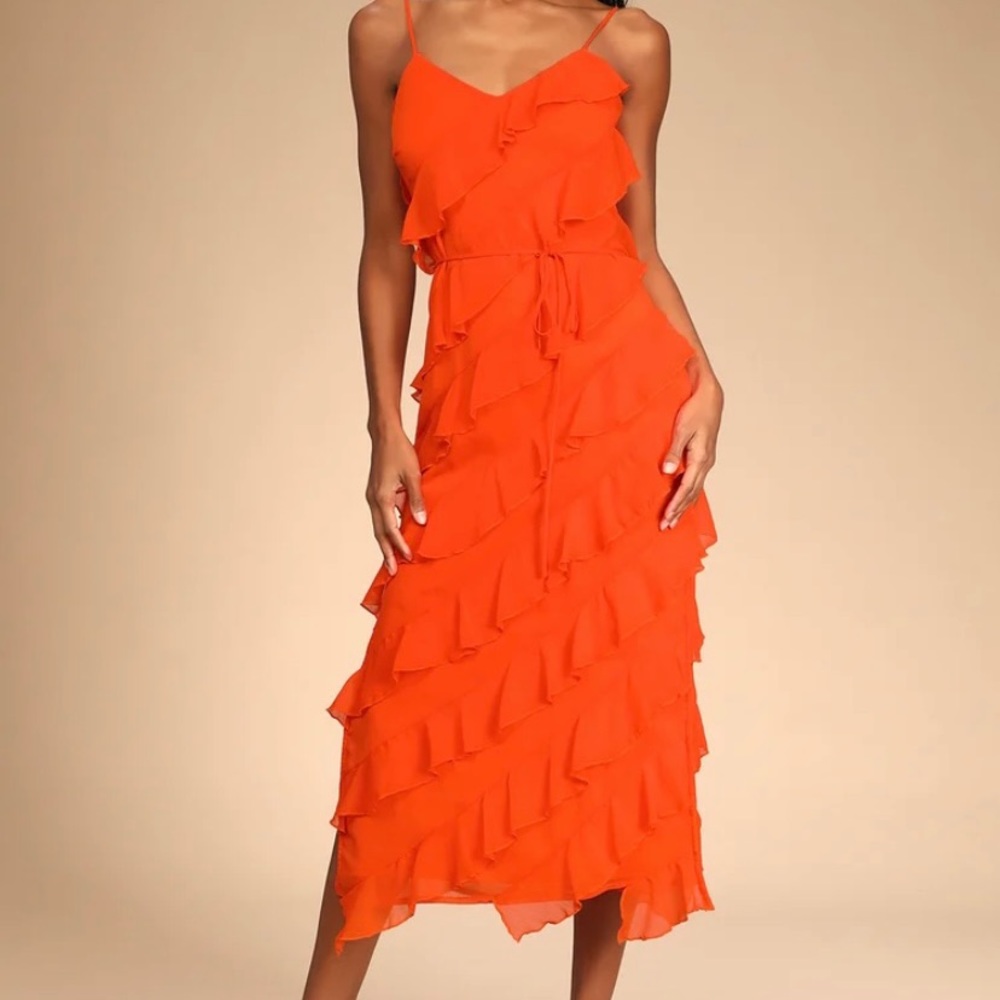 Love the Look Bright Orange Tiered Ruffled Midi Dress - Worn once!!